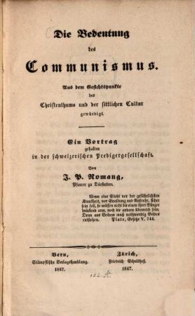 Die Bedeutung der Communismus : Aus dem Gesichtspunkte des Christenthums u. der sittlichen Cultur gewürdigt