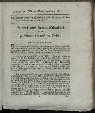 Entwurf eines dritten Schreibens an den H. Kardinal Erzbischof von Mecheln.