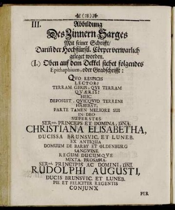 Abbildung Des Zinnern Sarges Mit seiner Schrifft [...]