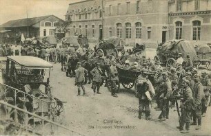 Erster Weltkrieg - Postkarten "Aus großer Zeit 1914/15". "Conflans - Ein Transport Verwundeter"