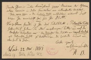 Postkarte an Musikverlag Ed. Bote und G. Bock (Berlin) : 22.11.1881