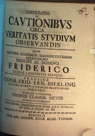 Diss. de cautionibus circa veritatis studium observandis