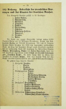 14) Anhang. Uebersicht der preußischen Provinzen und der Staaten des deutschen Reiches