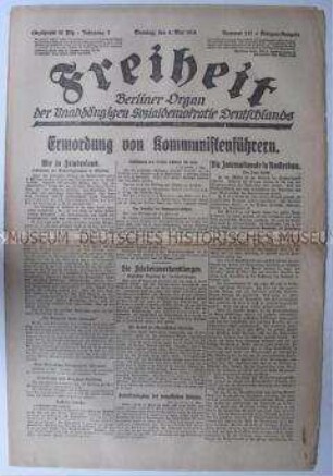 Tageszeitung der USPD Berlin "Freiheit" zur Niederschlagung der Münchener Räterepublik und zu den Friedensverhandlungen