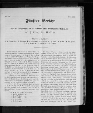 Nr. 20. Fünfter Bericht des von der Bürgerschaft am 13. December 1865 niedergesetzten Ausschusses zur Prüfung der Wahlen. Mai 1866.