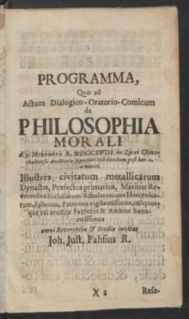 Programma, Quo ad Actum Dialogico- Oratorio-Comicum de Philosophia Morali