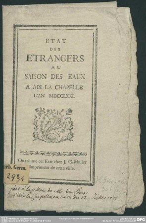 Etat Des Etrangers Au Saison Des Eaux A Aix La Chapelle L'An MDCCLXXI