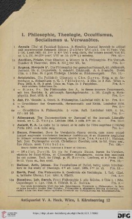 I. Philosophie, Theologie, Occultismus, Socialismus u. Verwandtes (Nr. 1-304)