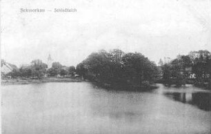 Neukirch-Schmorkau. Ortsansicht über den Schloßteich, Ansichtskarte