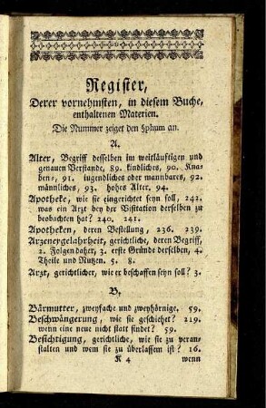 Register, Derer vornehmsten, in diesem Buche, enthaltenen Materien.