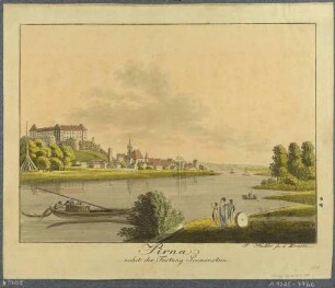 Stadtansicht von Pirna mit der Marienkirche und dem Sonnenstein über die Elbe nach Südwesten