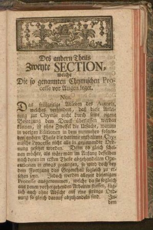 Des andern Theils Zweyte Section, welche Die so genannten Chymischen Processe vor Augen leget