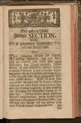 Des andern Theils Zweyte Section, welche Die so genannten Chymischen Processe vor Augen leget
