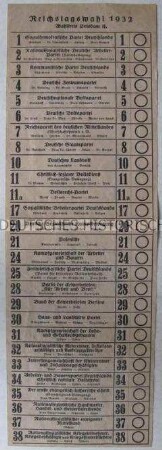 Stimmzettel zur Reichstagswahl am 31. Juni 1932 für den Wahlkreis Potsdam