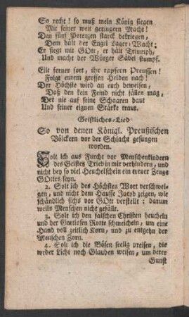 Geistliches-Lied So von denen Königl. Preußischen Völckern vor der Schlacht gesungen worden