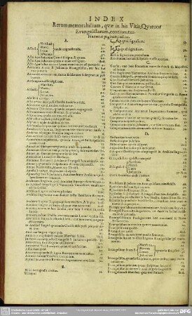Index Rerum memorabilium, quae in his Vitis, Quatuor Evangelistarum, continentur