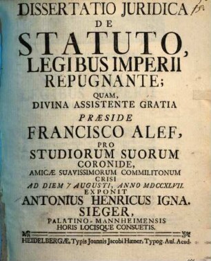 Dissertatio Juridica De Statuto, Legibus Imperii Repugnante
