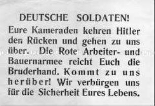 Sowjetisches Abwurf-Flugblatt mit dem Aufruf zum Überlaufen