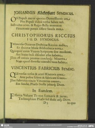 Vincentius Fabricius Syndic.