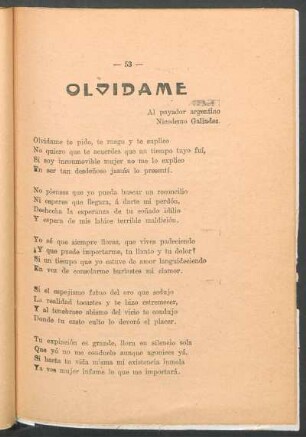 Olvídame : [Canción]. - Al payador argentino Nicodemo Galíndez.