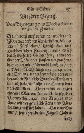 Vierdter Begriff. Von Bezeugung das Hochgeborne Frauen-Zimmer.