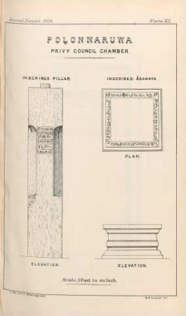 Plate XII. Polonnaruwa. Privy Council Chamber. Inscribed pillar. Elevation. Inscribed Asanya. Plan. Elevation