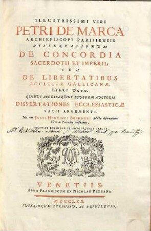 Illustrissimi Viri Petri De Marca Archiepiscopi Parisiensis Dissertationum De Concordia Sacerdotii Et Imperii, Seu De Libertatibus Ecclesiae Gallicanae, Libri Octo
