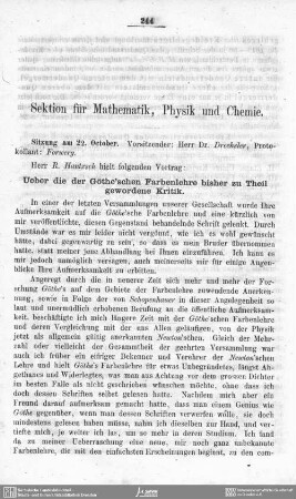Ueber die der Göthe'schen Farbenlehre bisher zu Theil gewordene Kritik