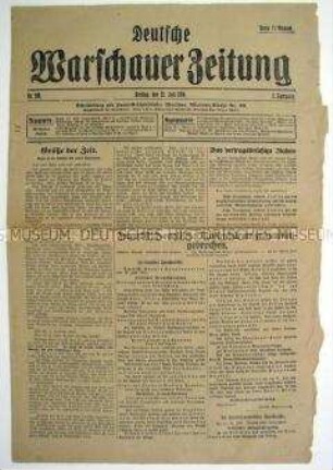 Tageszeitung "Deutsche Warschauer Zeitung" mit Meldungen und Berichten zum Kriegsgeschehen an verschiedenen Fronten