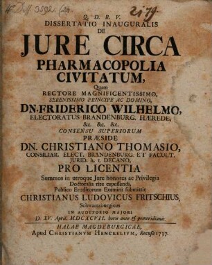 Dissertatio inauguralis de iure circa pharmacopolia civitatum