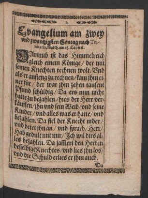 Evangelium am zwey und zwantzigsten Sontag nach Trinitatis, Matth. am 18. Capitel.