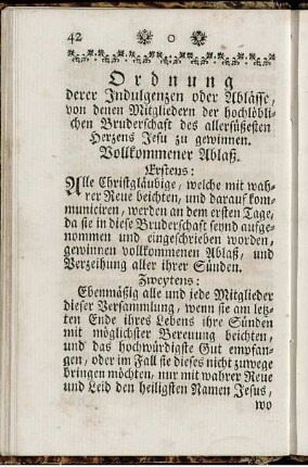 Ordnung derer Indulgenzen oder Ablässe, von denen Mitgliedern der hochlöblichen Bruderschaft des allersüßesten Herzens Jesu zu gewinnen