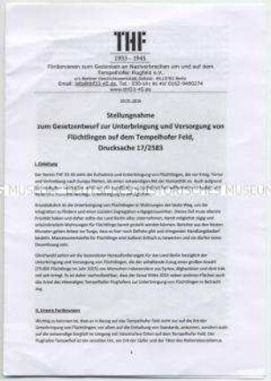 Flugschrift mit der Stellungnahme des Vereins THF 1933-1945 zur geplanten Errichtung von Flüchtlingsunterkünften auf dem Tempelhofer Feld