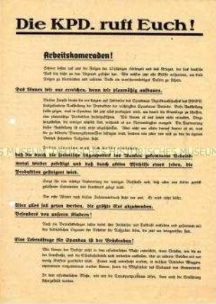 Aufruf der KPD Berlin-Spandau zu verstärkten Anstrengungen beim Wiederaufbau und zum Eintritt in die Partei