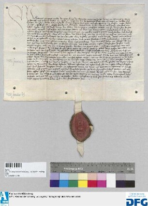 Georius, Abt des Benediktinerklosters St. Egidien in Nürnberg, stellt ein Vidimus aus von dem Abmahnungbrief des Königs Friedrich III. an den Kurfürsten Friedrich von Sachsen vom 3. Januar 1450.