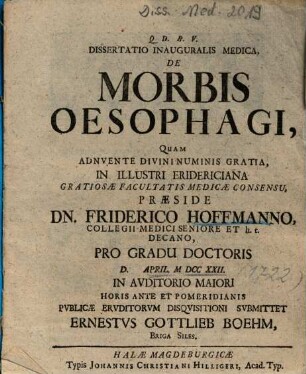 Dissertatio Inauguralis Medica, De Morbis Oesophagi