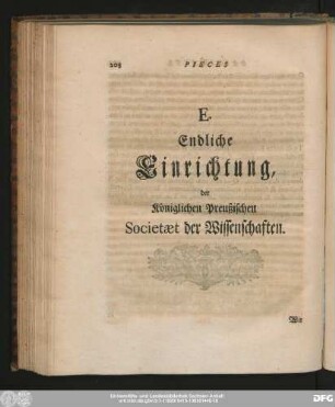E. Endliche Einrichtung, der Königlichen Preußischen Societaet der Wissenschaften.