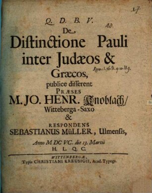 De Distinctione Pauli inter Judaeos & Graecos