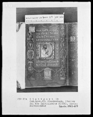Lateinisches Stundenbuch (Franziskaner-Handschrift) — Gerahmte Initialseite, Folio 65verso