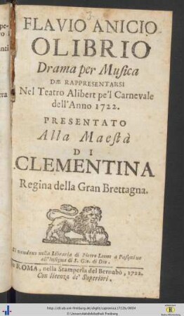 Flavio Anicio Olibrio : drama per musica da rappresentarsi nel Teatro Alibert pe'l Carnevale dell' anno 1722