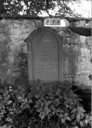 Grabstein 473 (Index: 100108033) Material: roter Sandstein Zustand: gut Maße HxBxT: 145x61x18 cm Beschreibung: Stele, überkragender Bogenabschluß, Schriftfeld abgegrenzt: Grabstein 473