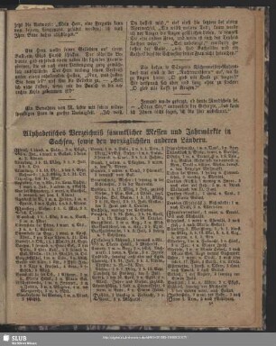 Alphabetisches Verzeichniß sämmtlicher Messen und Jahrmärkte in Sachsen, sowie den voerzüglichsten anderen Ländern