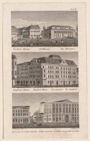 Drei Ansichten von Leipzig: Zollhaus, Dufours Haus und Löhrs Garten, Tafel VI aus Gretschels Leipzig und seine Umgebungen