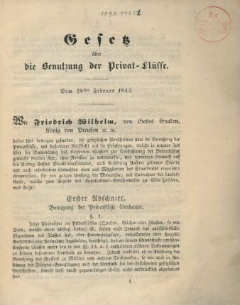 Gesetz über die Benutzung der Privat-Flüsse : vom 28sten Februar 1843./ [Friedrich Wilhelm]
