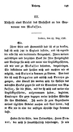 III. Abschrift eines Briefes des Verfassers an den Gouverneur von Makassar.