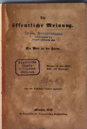 Die öffentliche Meinung : ein Wort an den Klerus ; (aus dem Kirchenboten besonders abgedruckt)