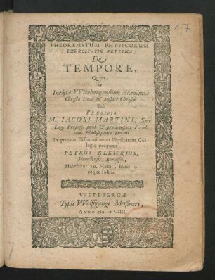 Theorematum Physicorum Exercitatio Septima De Tempore