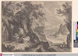 [Landschaft mit lesendem Einsiedler in einer Höhle; Landscape with reading Hermit; Kluizenaar in landschap]