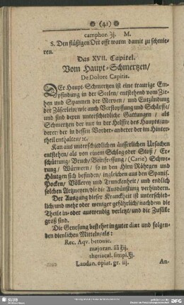 Das XVII. Capitel. Vom Haupt-Schmertzen, De Dolore Capitis