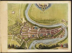 Stadtplan von Bern, 1:3 600, kolorierter Kupferstich, um 1660 : Bern . [Ca. 1:3.600] / [Amsterdam] : [Ioannes Ianssonius], [1660]. - 1 Vogelschaukarte : 1 Kupferst. ; 50,8 x 39,2 cm. - Mit 1 Wappen oben rechts in d. Mitte - Titel oben rechts in d. Mitte - Mit Gebäudeverz. - Maßstab in graph. Form (Passus). - Maßstabskartusche unten rechts. - Vermutl. aus: Theatrum Exhibens Celebriores Galliae Et Helvetiae Urbes